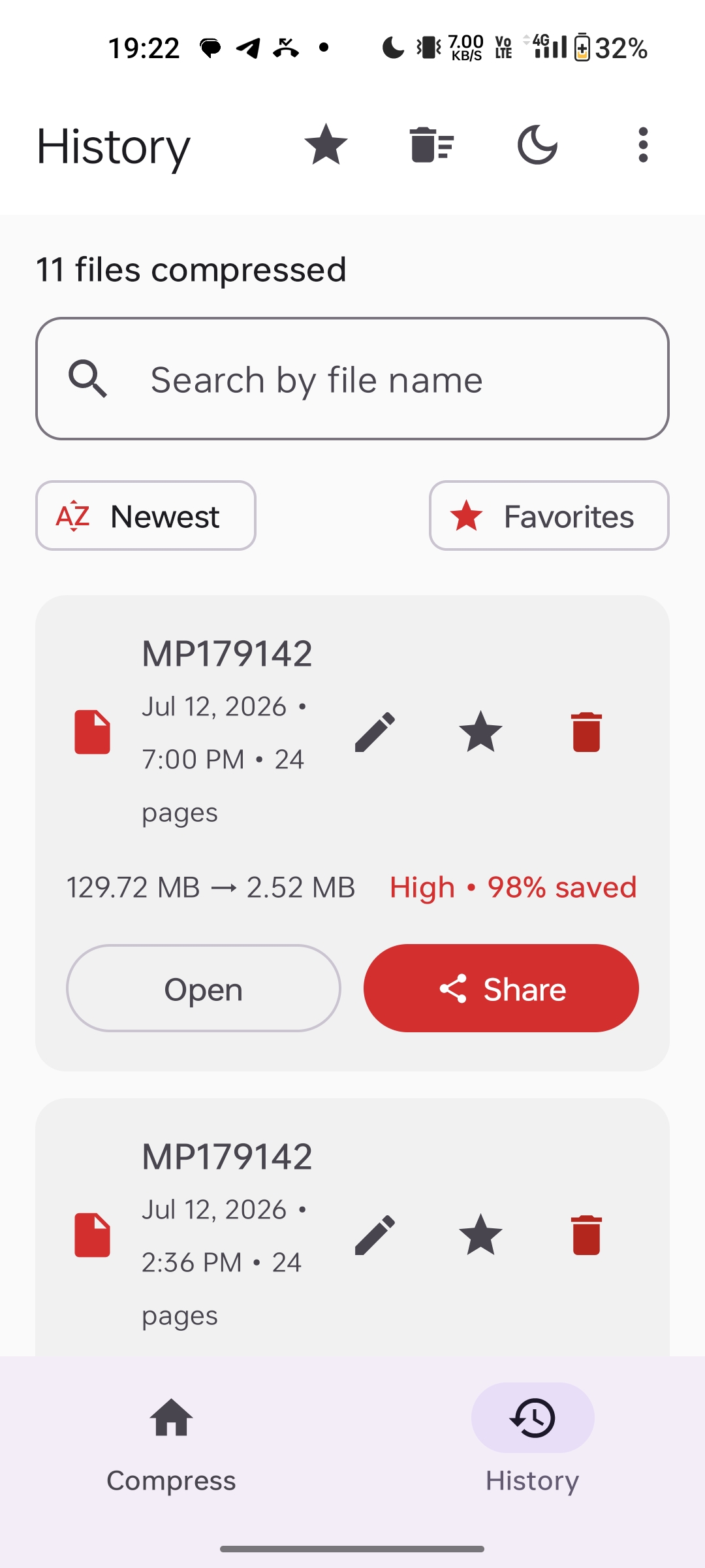 ZipPDF history screen showing 11 compressed files with 98% savings