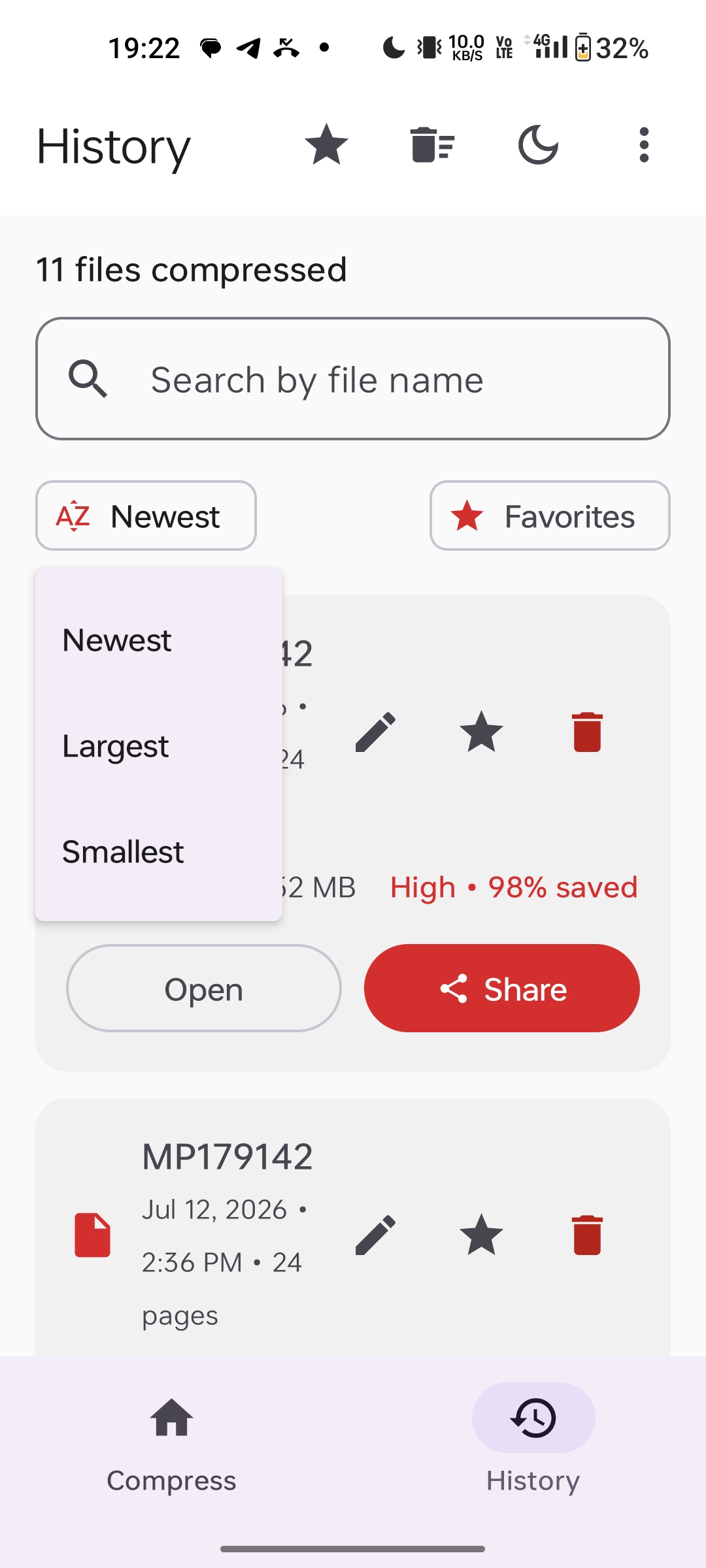 ZipPDF sort options: Newest, Largest, Smallest